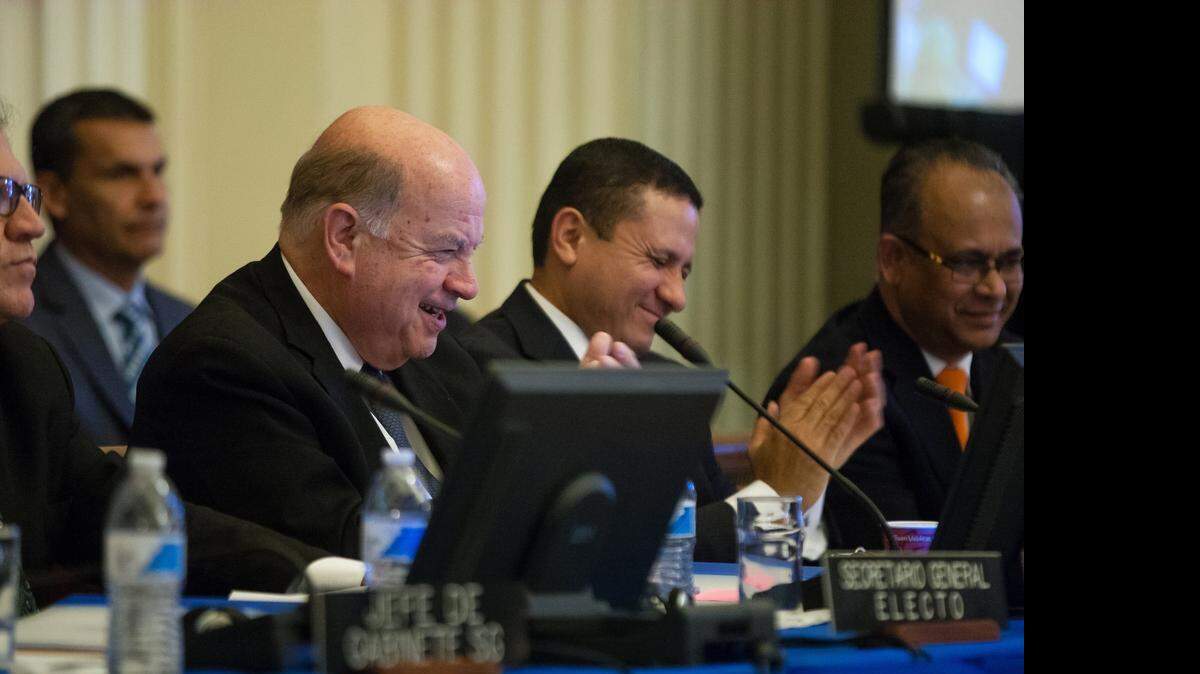 
Organization of American States Secretary General Jose Miguel Insulza smiles following the election of his successor, Uruguayan Foreign Minister Luis Almagro, who takes office May 26, 2015.


