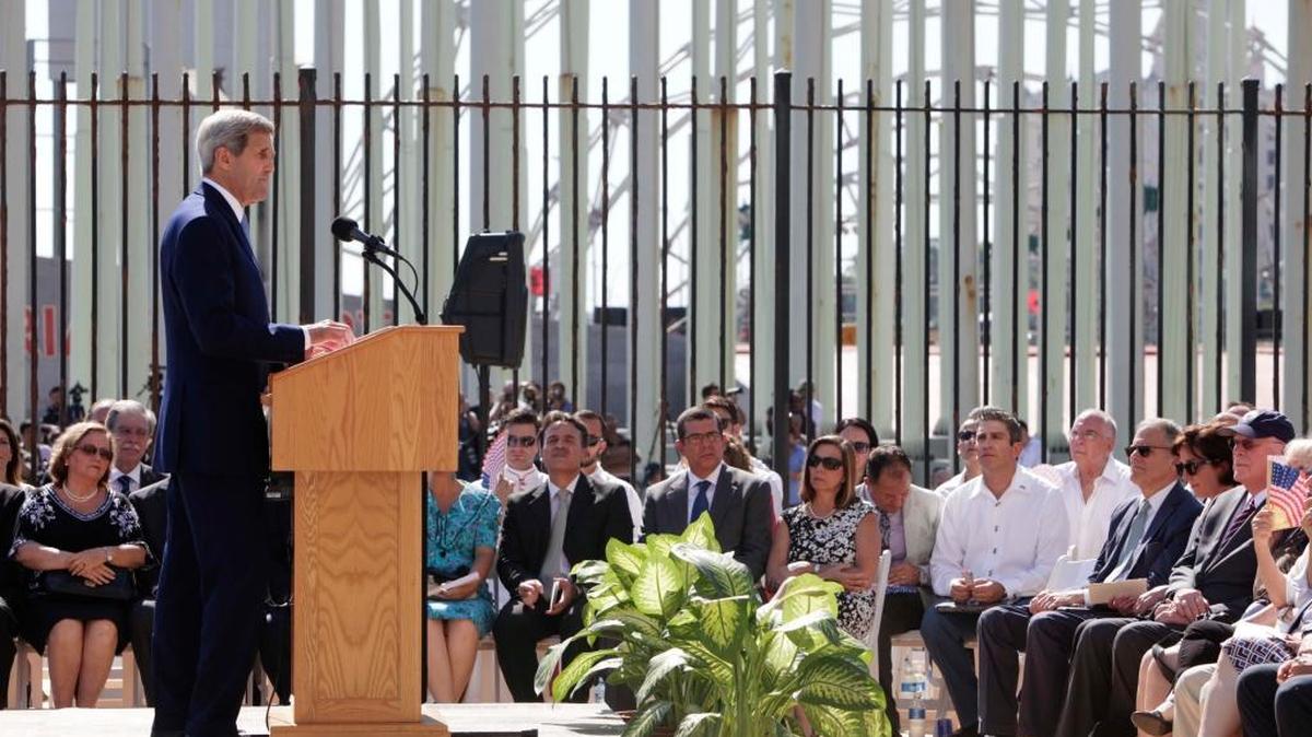 U.S. Secretary of State John Kerry delivers remarks during the flag-raising ceremony at the newly opened U.S. Embassy in Havana on Aug. 14, 2015. A trip that Kerry was supposed to make to Cuba to smooth the way for an upcoming presidential visit was abruptly canceled.