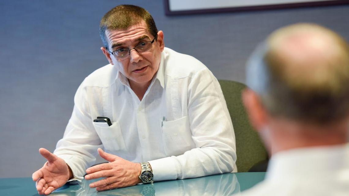 José Ramón Cabañas, Cuban ambassador to the United States, left, speaks with the Tampa Bay Times Chairman and CEO Paul Tash during a meeting with the paper’s editorial board on May 12, 2017. It was one of the stops on the Cuban diplomat’s recent trip to the Tampa Bay area.