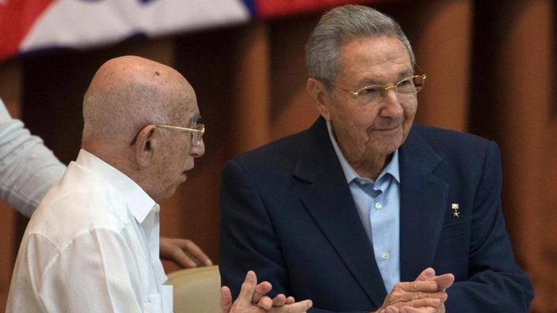 Cuban leader Raúl Castro, right, applauds alongside Jose Ramon Machado Ventura, second secretary of the Central Committee, during the 7th Cuban Communist Party Congress in Cuba. The two occupy the highest posts in the party, which will announce new Central Committee and Political Bureau members on Tuesday.