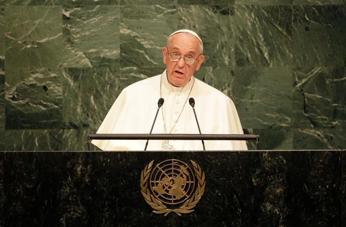 Pope Francis addresses the 70th session of the United Nations General Assembly, Friday, Sept. 25, 2015 at United Nations headquarters.