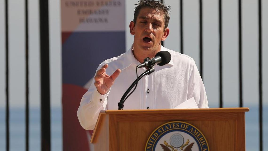 
HAVANA, CUBA - AUGUST 14: Cuban-American poet Richard Blanco recites one of his poems during the flag-raising ceremony at the newly reopened U.S. Embassy August 14, 2015 in Havana, Cuba. Secretary of State John Kerry visited the reopened embassy, the first time an American secretary of state has visited Cuba since 1945, a symbolic act after the the two former Cold War enemies reestablished diplomatic relations in July. 
