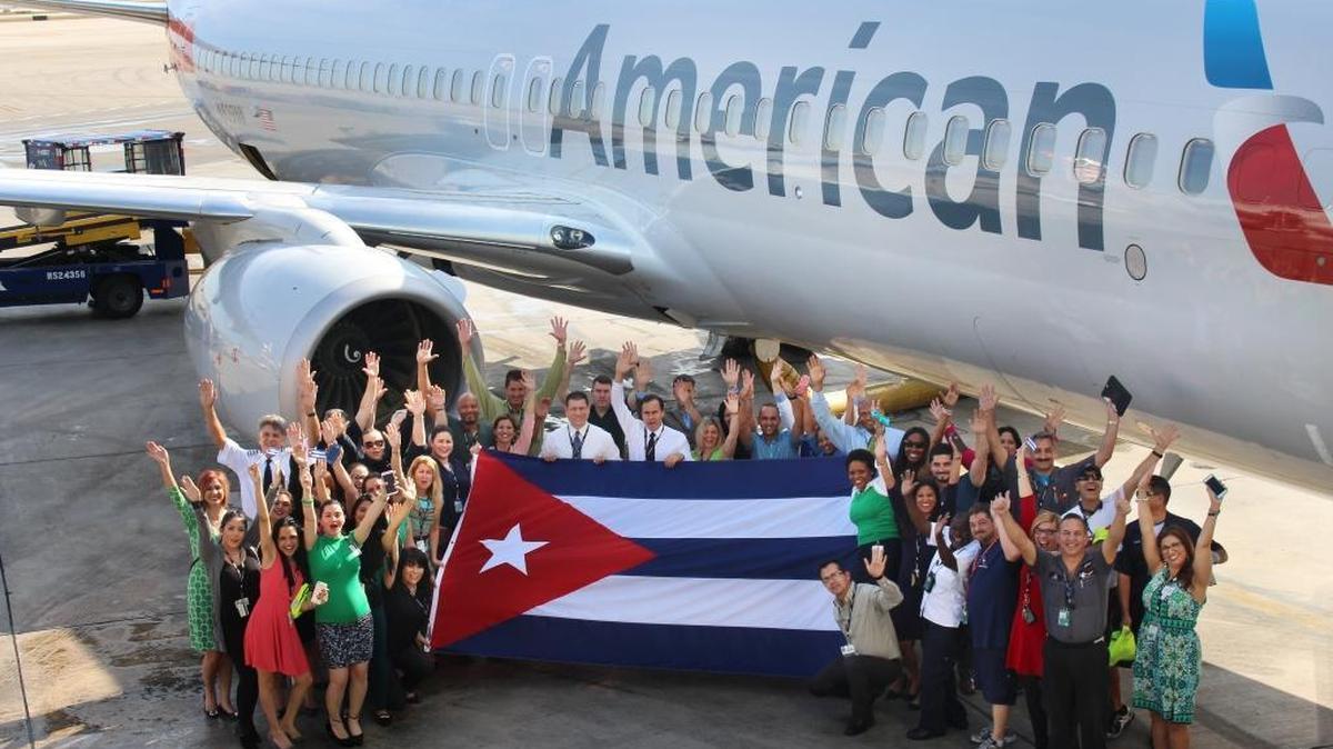 American Airlines employees gather in March 2016 when the airline submitted its application to the U.S. Department of Transportation for commercial service to Cuba.