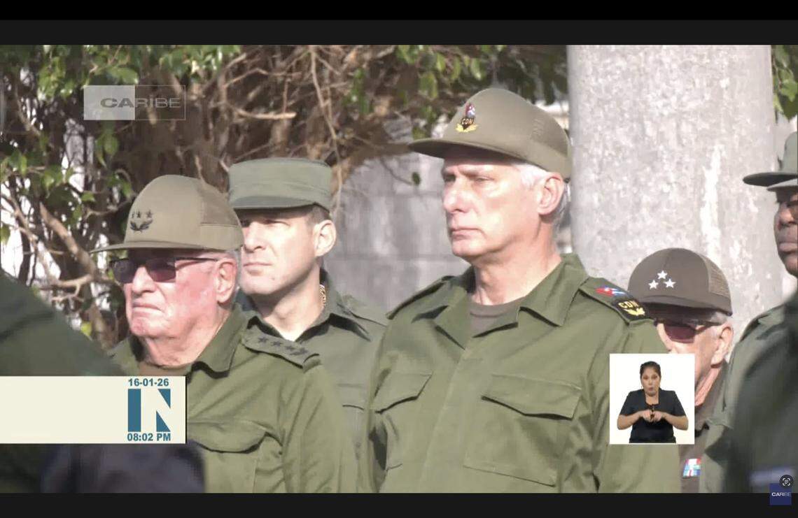 Cuban leader Miguel Díaz-Canel, center, during the burial in Havana of 4 of the 32 Cubans bodyguards killed during the U.S. military attack to capture Venezuela’s Nicolás Maduro. Raúl Guillermo Rodríguez Castro, Raúl Castro’s grandson, is behind him to his right.