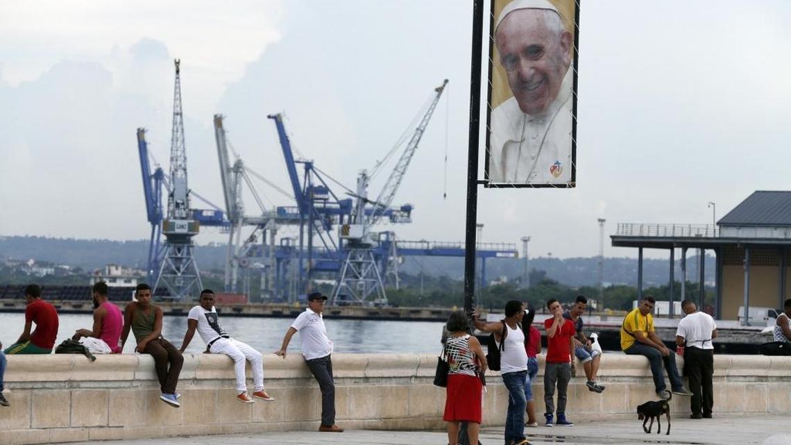 
A banner of Pope Francis overlooks the Port of Havana, Cuba on Friday, Sept. 18, 2015.
