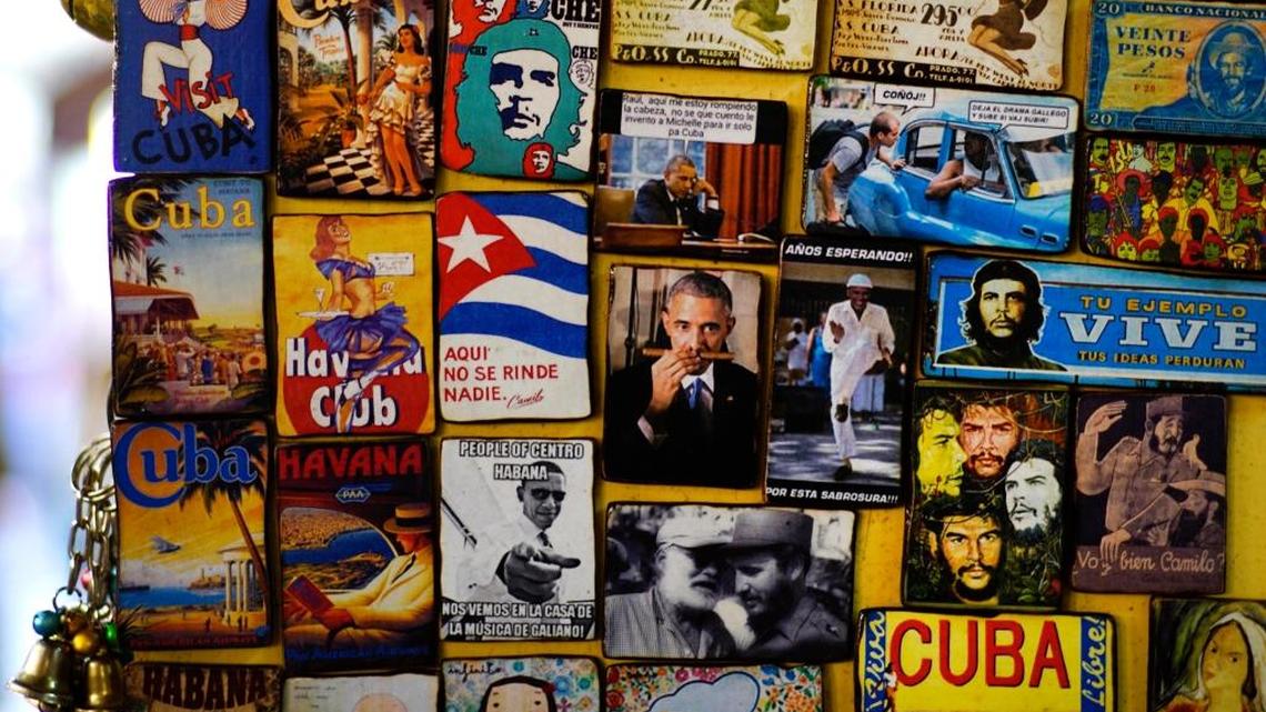 Refrigerator magnets are displayed for sale in a tourist shop, several showing images of U.S. President Barack Obama, at a market in Havana. The president will be in Cuba March 20-22.