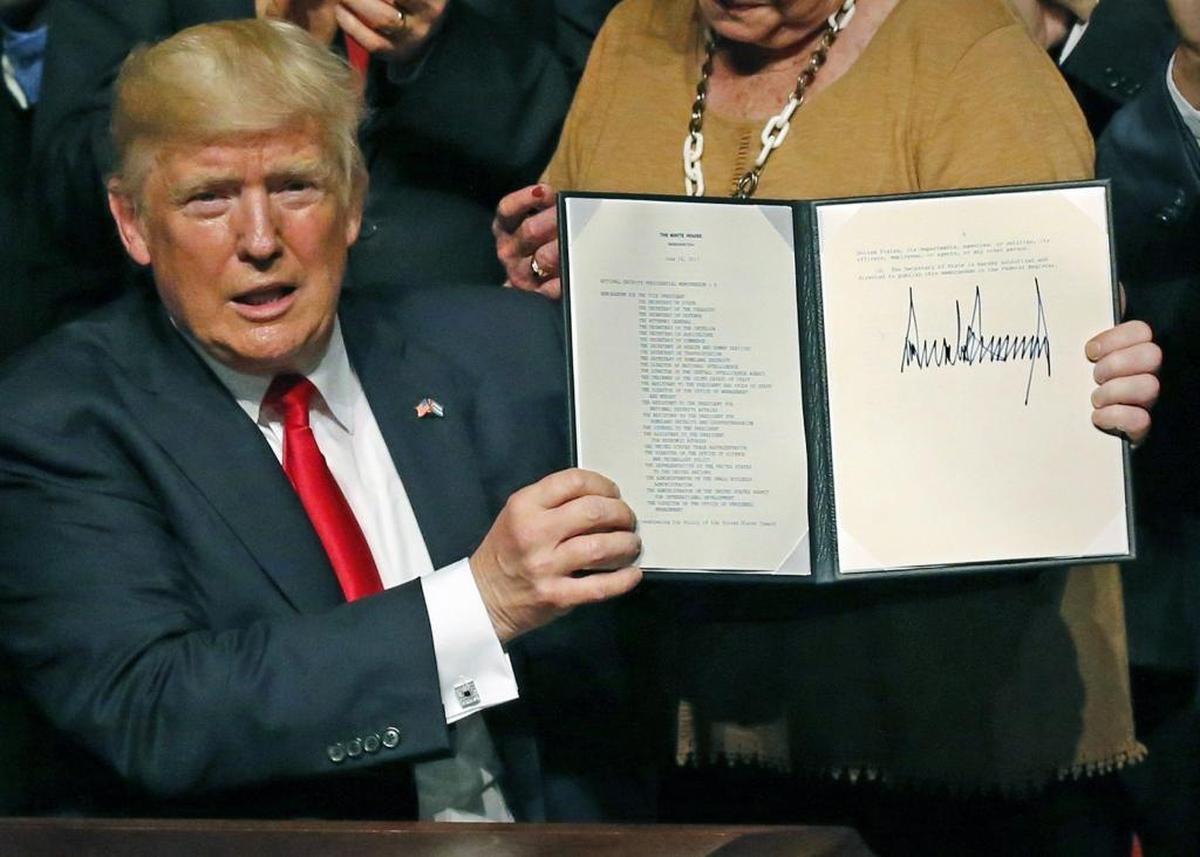 President Donald Trump signed his Cuba policy directive at the Manuel Artime Theater in Miami on June 16, 2017.