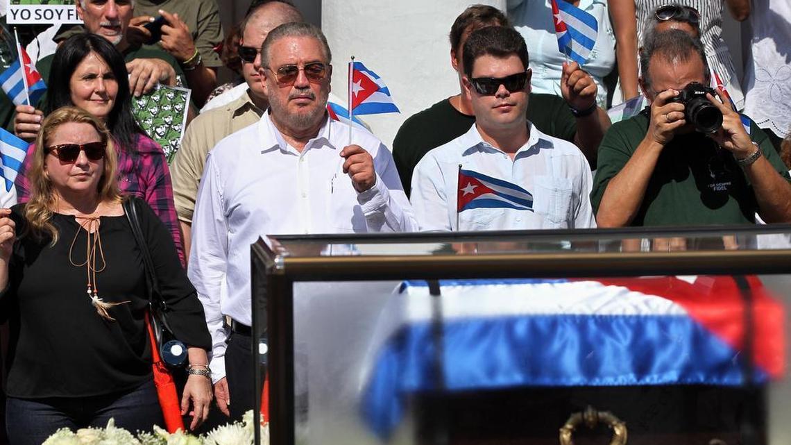 Fidel Castro Díaz-Balart and his son Fidel Antonio Castro Smirnov attend memorial services for the late Fidel Castro in 2016.