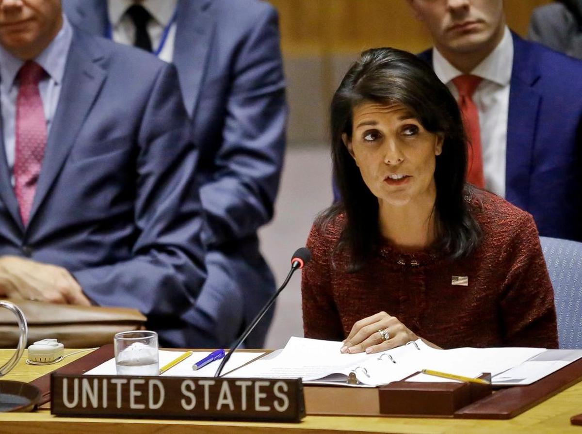 U.S. United Nations Ambassador Nikki Haley address the U.N. Security Council in September. The United States cast a no vote on a resolution condemning the embargo on Wednesday.