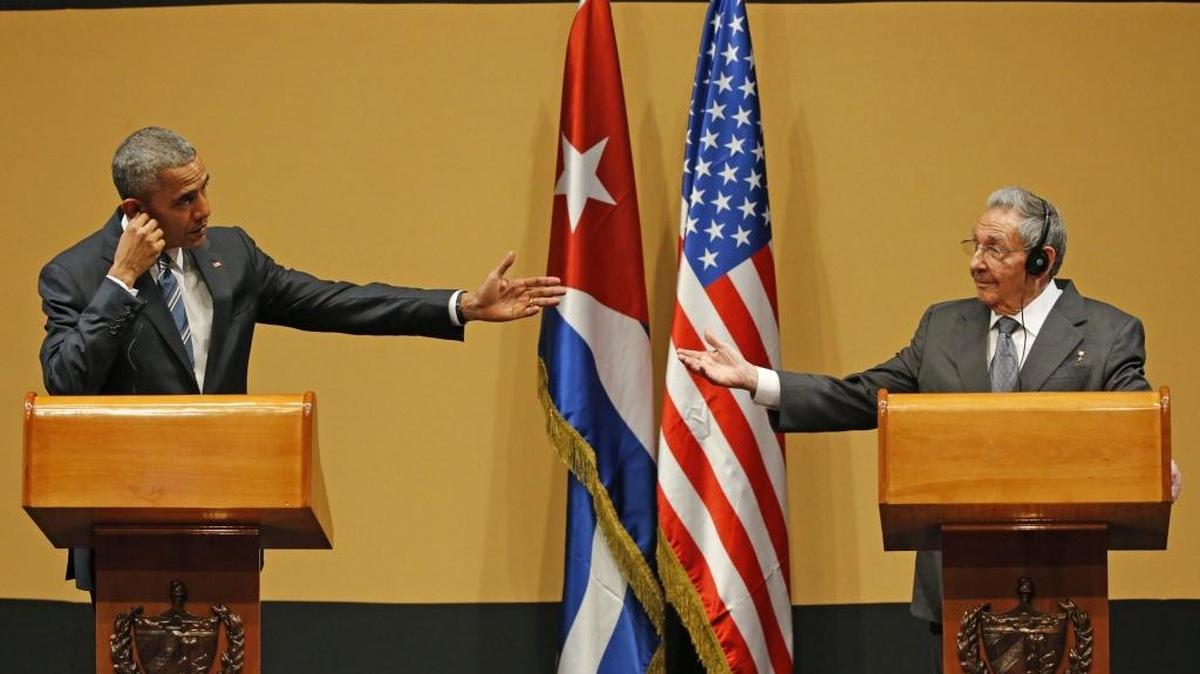 President Barack Obama and Cuban leader Raúl Castro deliver speeches at the Palacio de la Revolucion in Havana on Monday, March 21, 2016.