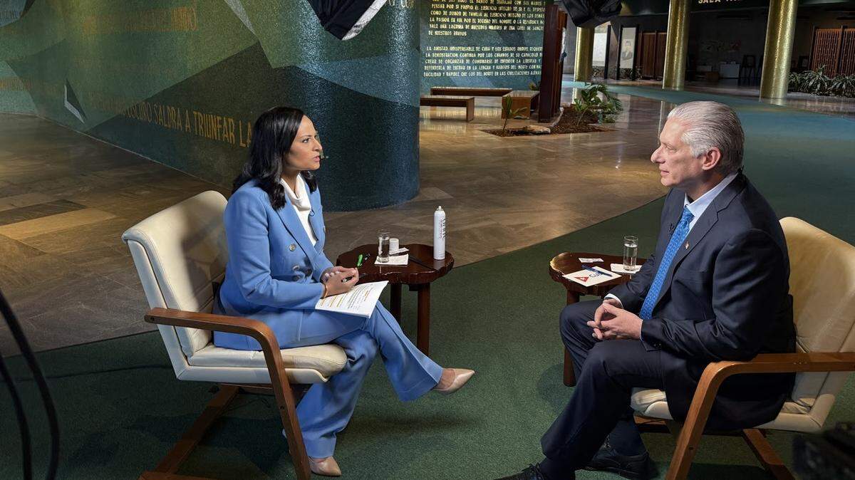 Cuban leader Miguel Díaz-Canel in an interview in Havana with moderator Kristen Welker of NBC’s Meet the Press.