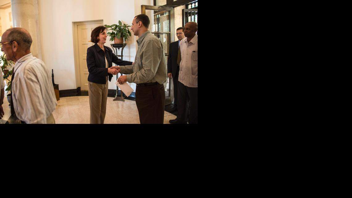Assistant Secretary of State of the Bureau of Western Hemisphere Affairs Roberta S. Jacobson receives Cuban dissident Jose Daniel Ferrer at the official residence of the U.S. Interests Section, in Havana, Cuba, Friday, Jan. 23, 2015.