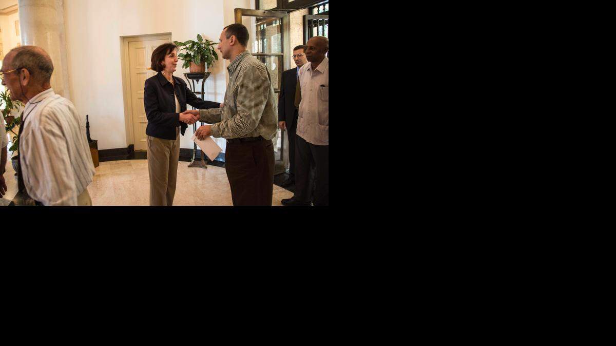 Assistant Secretary of State of the Bureau of Western Hemisphere Affairs Roberta S. Jacobson receives Cuban dissident Jose Daniel Ferrer at the official residence of the U.S. Interests Section, in Havana, Cuba, Friday, Jan. 23, 2015.