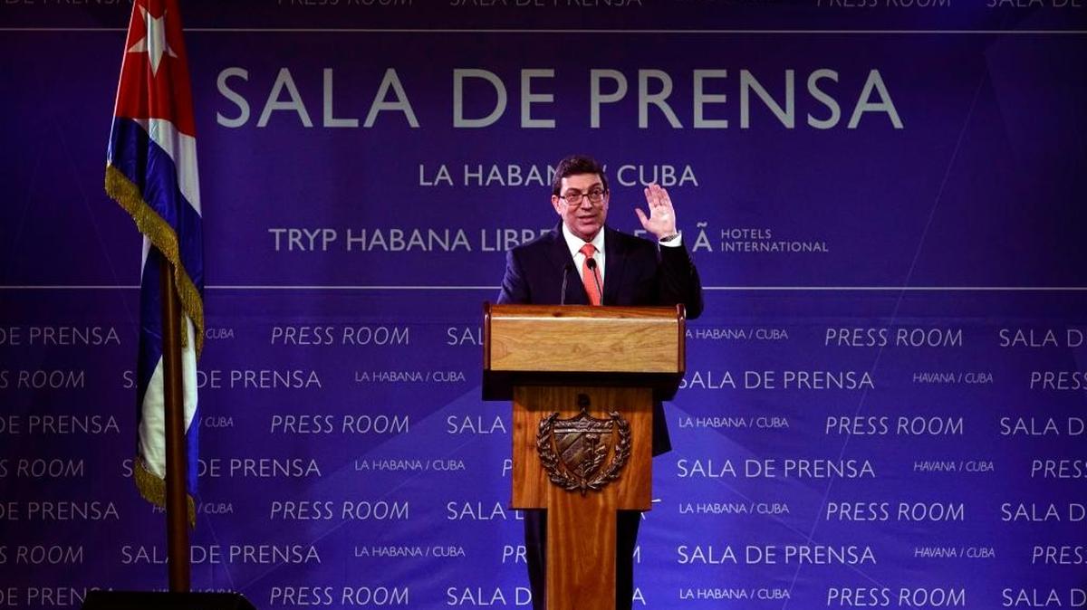 Cuban Foreign Minister Bruno Rodriguez talks to the press Thursday during the opening of the press room that will be used for the visit of President Barack Obama.
