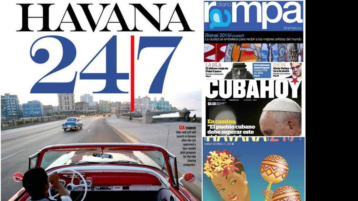 
Collage of newspaper prototypes in a capitalist Cuba. 
