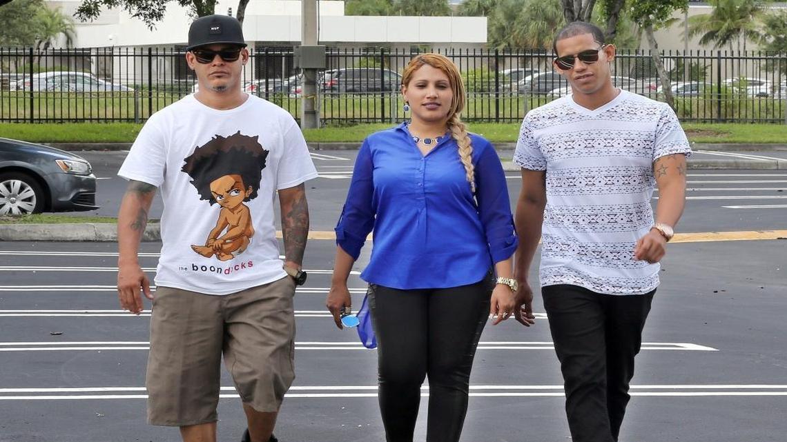 Cuban dissidents and popular reggaeton artists Ruben Cuesta Palomo aka "Candyman"(far left) and Jose Manuel Berlo, known as "Mucho Manolo," are joined by singer Liettys Rachel Reyes. All three members of UNPACU, an opposition group, visited Miami.