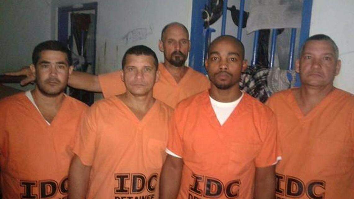 A group of Cubans detained in Trinidad and Tobago, including Baldomero Despaigne, second from far right.