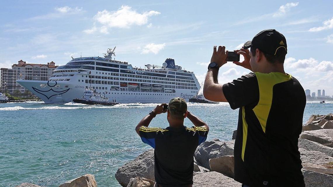 Carnival’s Fathom Adonia moves up Government Cut en route to Cuba past South Pointe Park on Miami Beach on May 1. As the ship is making its way to its home port in Miami, an outbreak of suspected Norovirus was reported.
