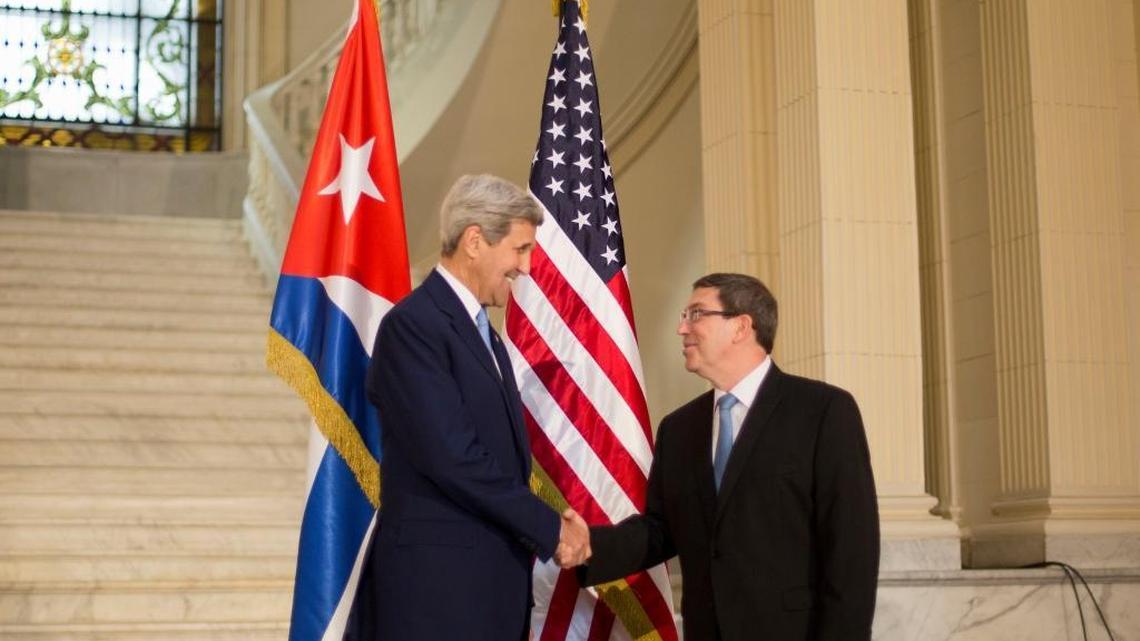 
Secretary of State John Kerry shakes hands with Cuban Foreign Minister Bruno Rodriguez prior to their meeting at the Foreign Ministry in Havana, Cuba, Friday, Aug. 14, 2015. Kerry traveled to the Cuban capital to raise the U.S. flag and formally reopen the long-closed U.S. Embassy. 
