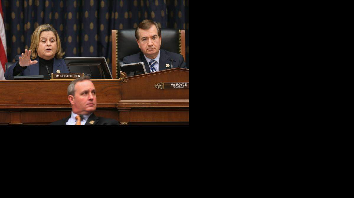 
House Foreign Affairs Committee member Rep. Ileana Ros-Lehtinen, left, questions witnesses during a hearing about Cuba policy with committee Chairman Ed Royce (R-CA), right, and Rep. Jeff Duncan (D-SC) on Capitol Hill on Wednesday, Feb. 4, 2015.
