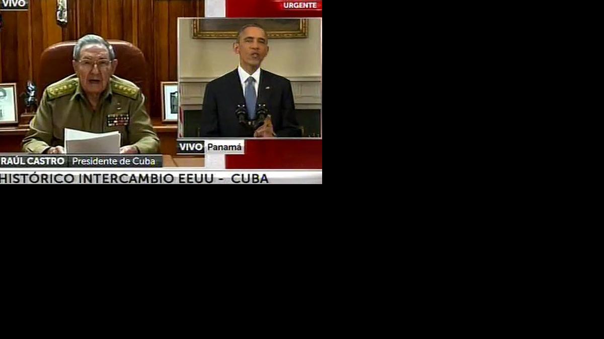 
This screen shot taken from live video from the TN channel shows President Barack Obama, right, and Cuba's President Raul Castro addressing their nations at the same time, from Washington D.C. and Havana, on Wednesday, Dec. 17, 2014. Obama announced the re-establishment of diplomatic relations as well as an easing in economic and travel restrictions on Cuba. Castro welcomed restoration of diplomatic ties, saying the two countries would work to resolve their differences “without renouncing a single one of our principles.”
