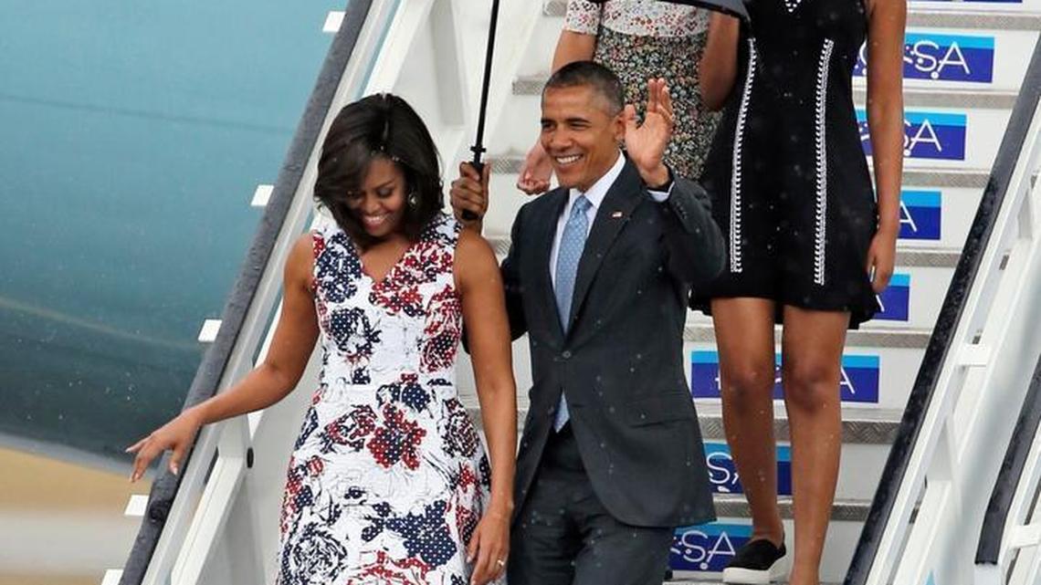 President Barack Obama with Michelle Obama and daughters Malia Obama, back left, and Sasha Obama, at back right, arriive at Jose Marti Airport in Havana on Sunday, March 20, 2016.