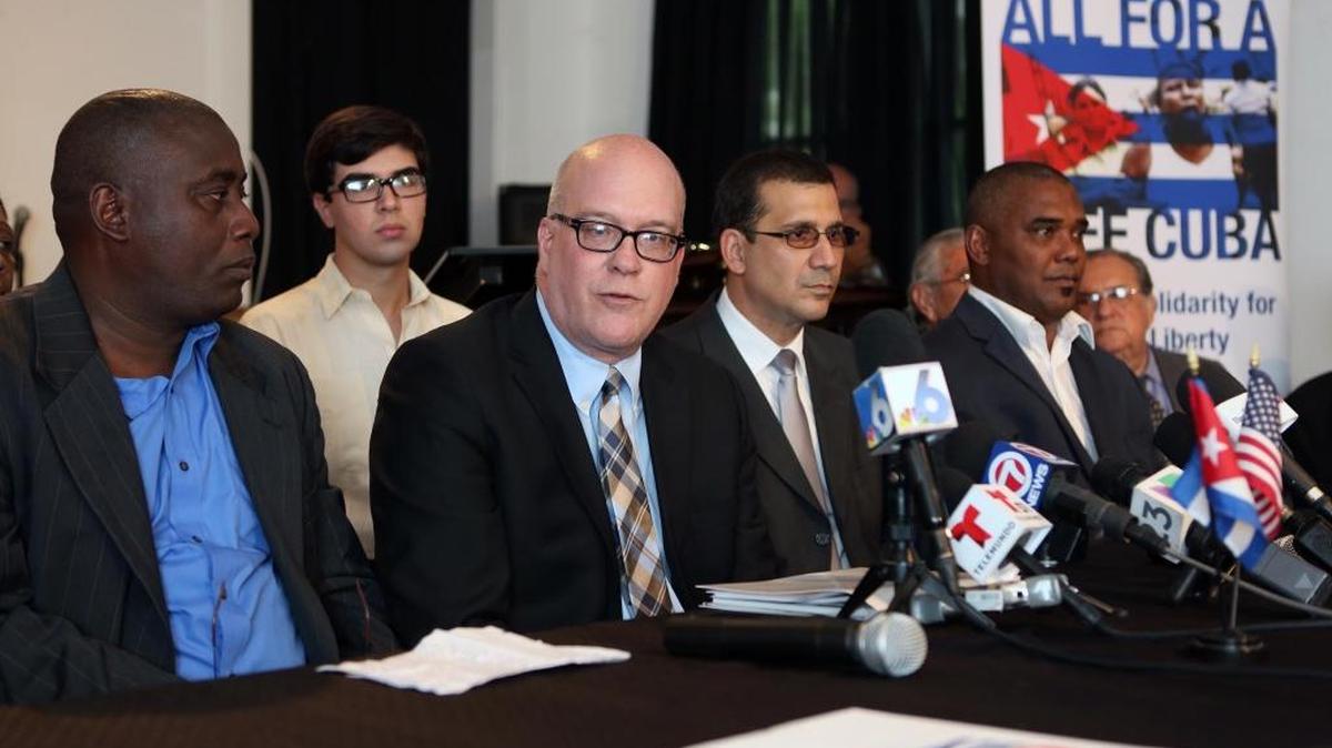 (Left to Right) Jorge Luis Garcia Perez Antuñez, Orlando Gutierrez, Antonio Rodiles y Angel Moya, speak at the Miami Hispanic Cultural Arts Center where leaders representing organizations within the Assembly of the Cuban Resistance held a press conference celebrating President Donald Trump’s new Cuba policy.