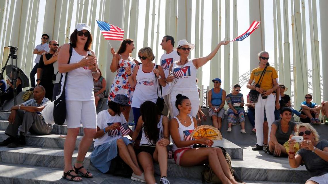 
Cuban-Americans gather in front of the U.S. Embassy in Havana, Cuba, Monday, July 20, 2015 — the day diplomatic relations between the United State and Cuba were renewed. Secretary of State John Kerry visits Aug. 14 for a ceremonial flag-raising at the embassy.
