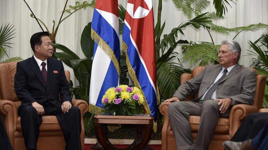 Cuban leader Miguel Díaz-Canel, right, met North Korean official Choe Ryong Hae on Aug. 21, 2018, in Havana.