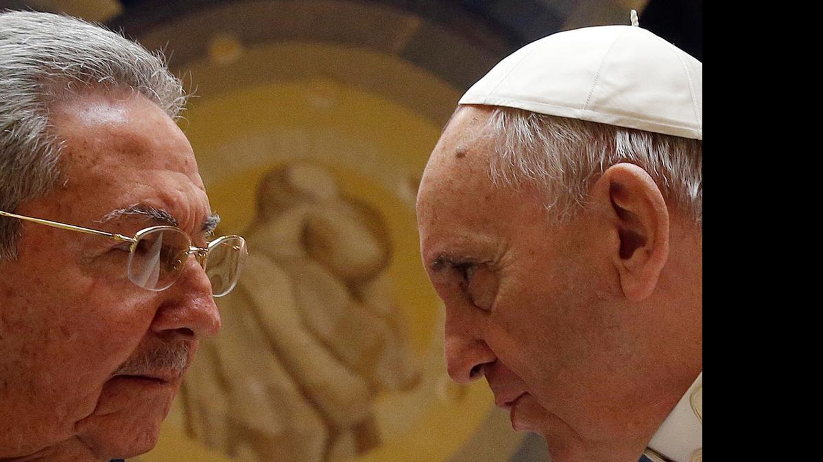
Pope Francis meets Cuban President Raul Castro during a private audience at the Vatican, Sunday, May 10, 2015. Pope Francis played a key role in the breakthrough between Washington and Havana aimed at restoring U.S.-Cuban diplomatic ties.
