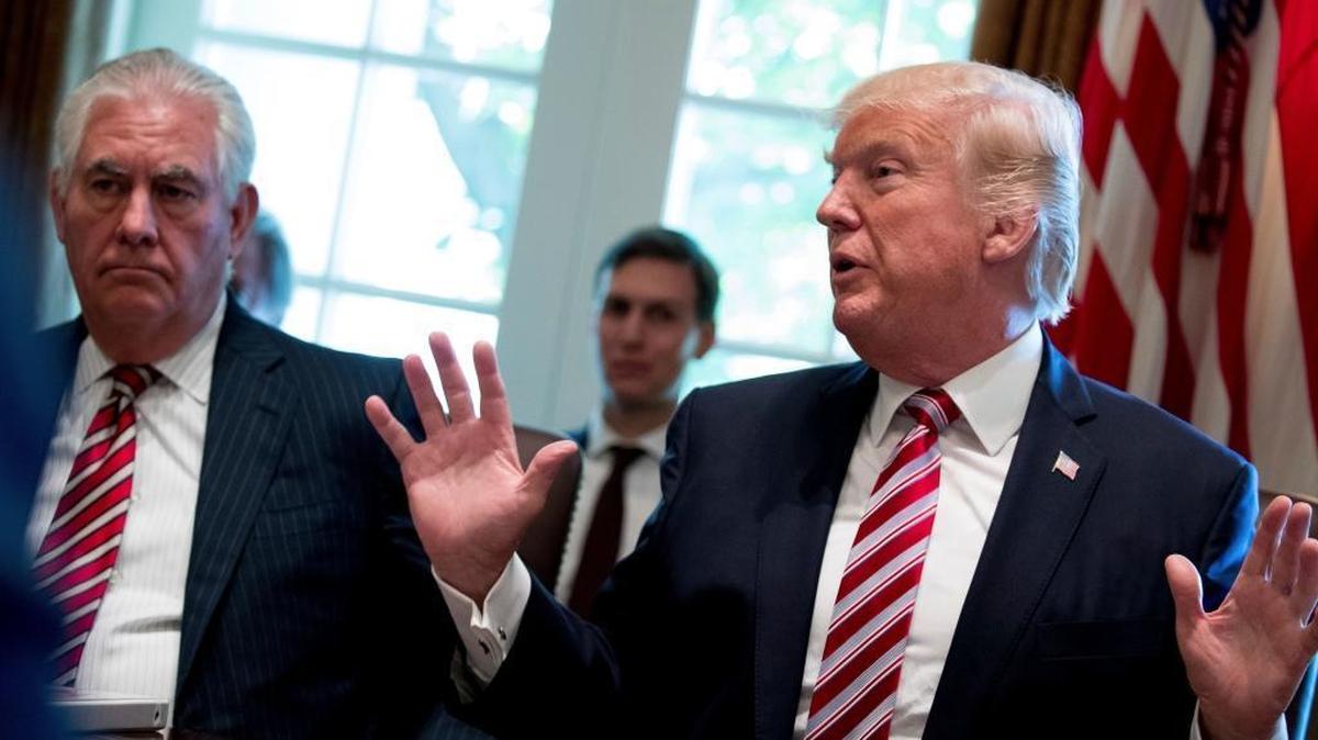 Secretary of State Rex Tillerson, left, and White House Senior Adviser Jared Kushner listen as President Donald Trump speaks during a Cabinet meeting on Monday.