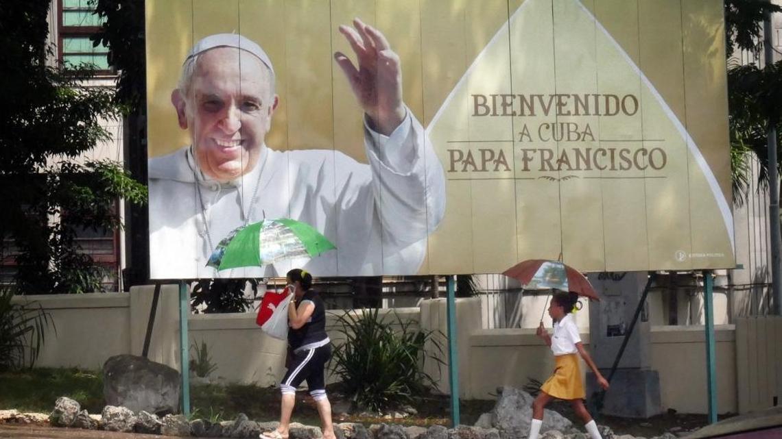 
Signs can be seen in many areas around Havana, Cuba on Friday, Sept. 18, 2015 welcoming Pope Francis, who will be arriving on the island on Saturday.
