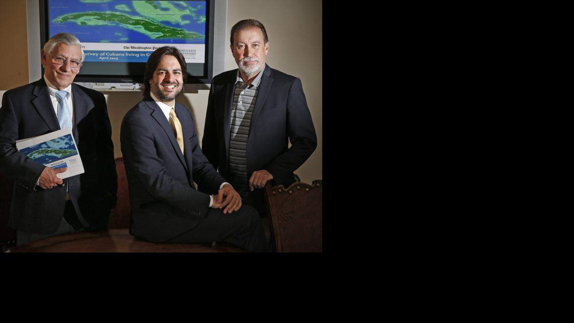 
Fernand Amandi, at center, managing partner at Bendixen & Amandi International with Joaquin Perez, at left, and Fernando A. Amandi. Amandi and his staff have been involved in a comprehensive poll in Cuba done without the Cuban government’s knowledge.
