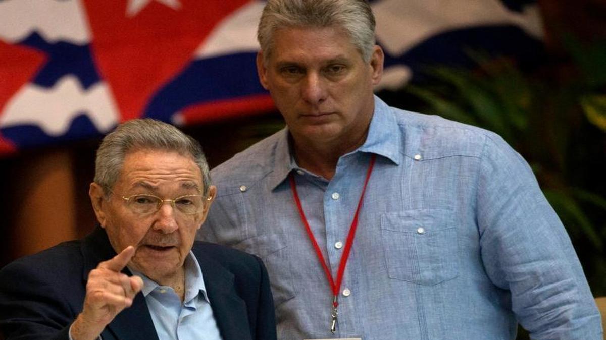 Cuba's President Raul Castro, left, gestures as he stand with Vice President Miguel Diaz Canel during the 7th Cuban Communist Party Congress in Havana, Cuba, Saturday, April 16, 2016.