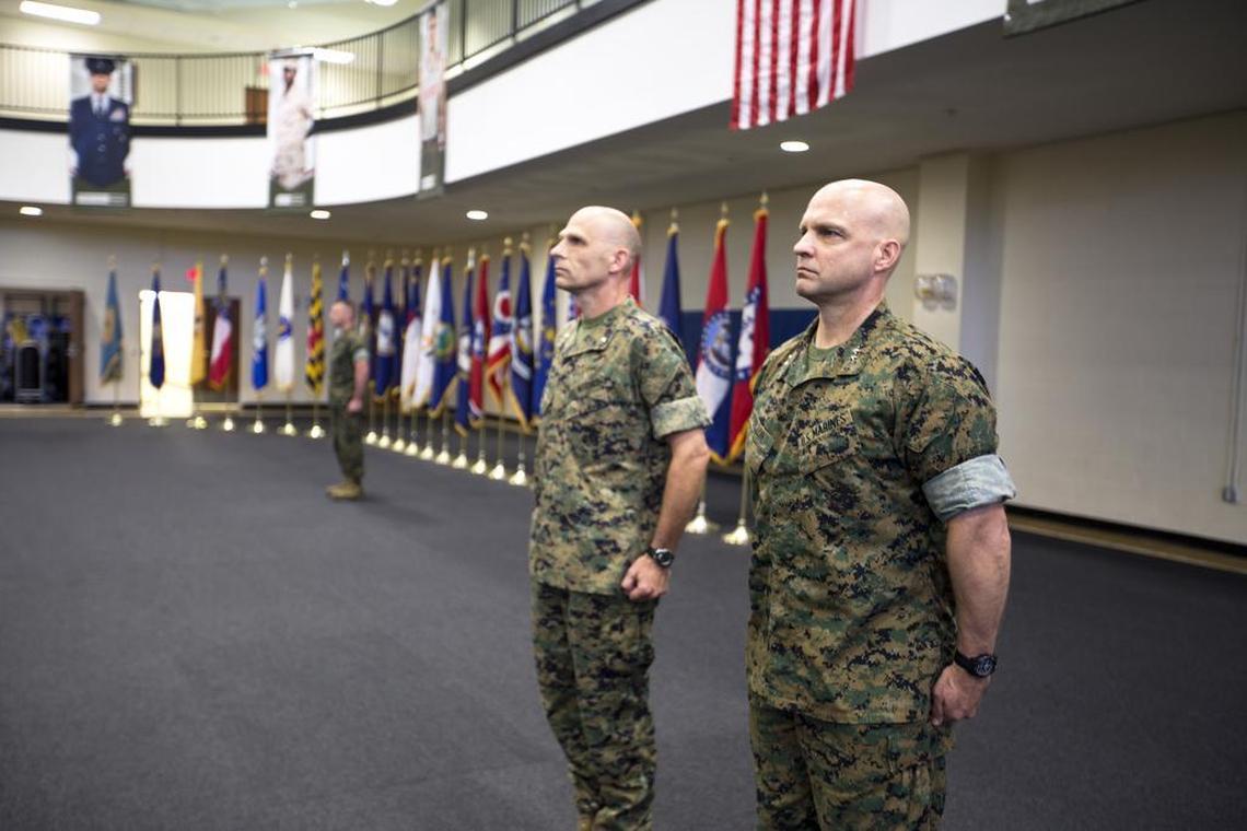 Marine Brig. Gen. Kevin M. Iiams, left, ordered the investigation, and handed off the report to Maj. Gen. David G. Bellon, right, who took command of the Southern Command subsidiary U.S. Marine Corps Forces, South in Doral on May 22, 2017.