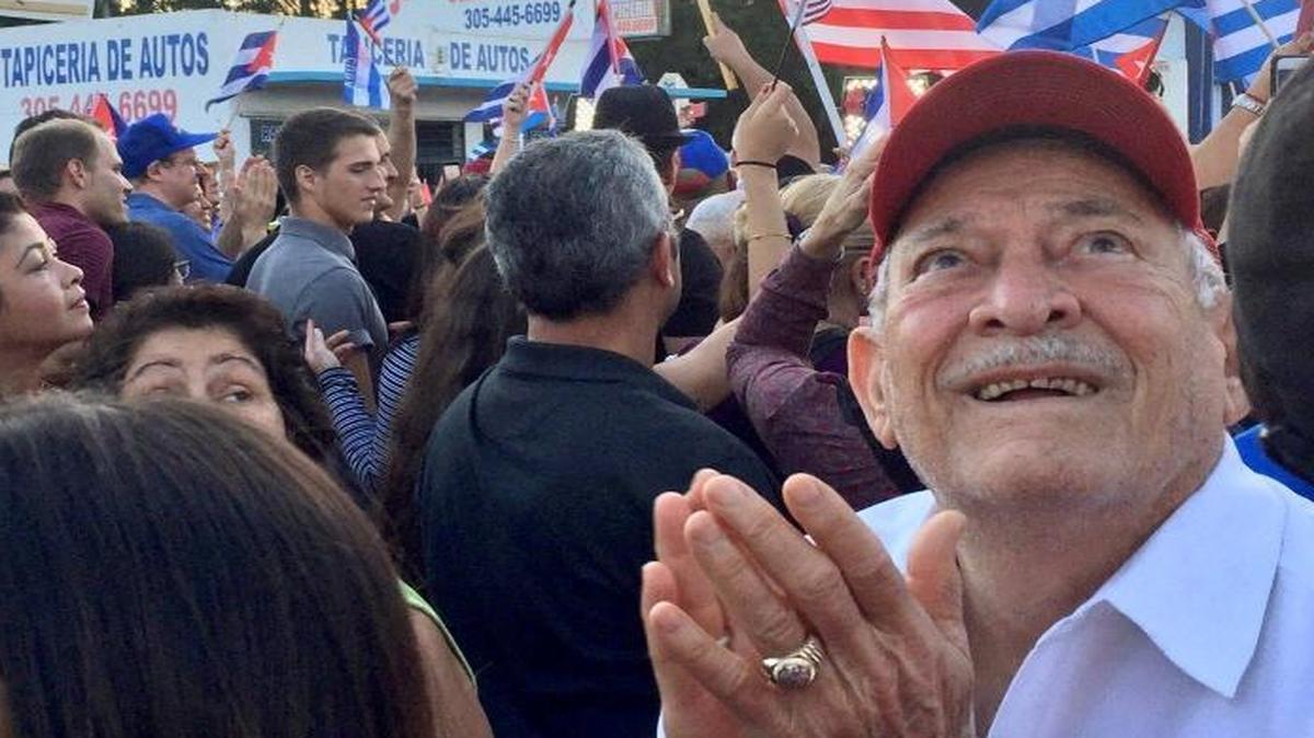 Fernando Frías joins revelers in Little Havana following the death of former Cuban leader Fidel Castro in 2016.