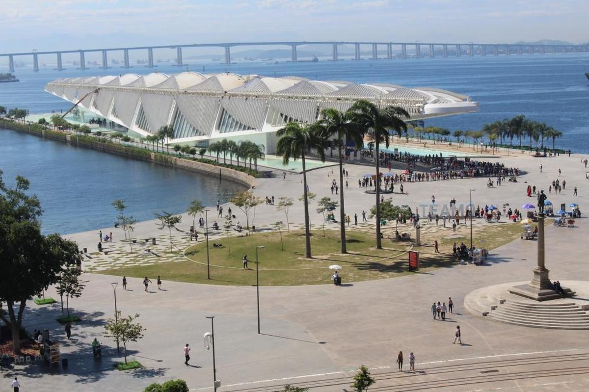On a recent weekday crowds line up outside the Museum of Tomorrow in Rio de Janeiro’s revitalized port district. It’s one of the legacies of the 2016 Rio Olympics. The signature wings of the museum were closed for cleaning on this day in August 2017.