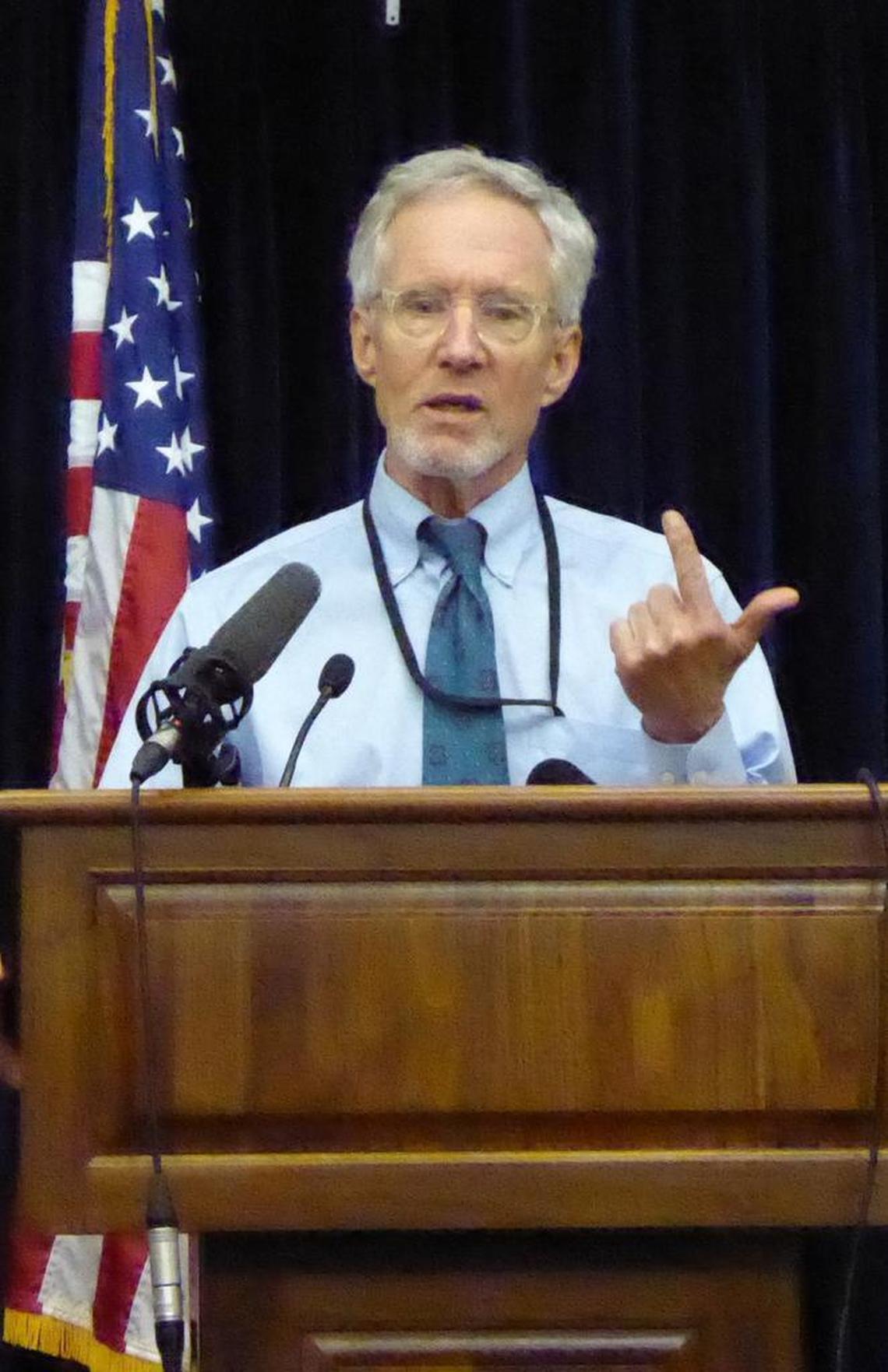 Defense attorney David Nevin, lead defense counsel for alleged Sept. 11 terror attack mastermind Khalid Sheik Mohammed, at a Dec. 8, 2017, news conference at Camp Justice, the U.S. Navy base at Guantánamo Bay, Cuba.