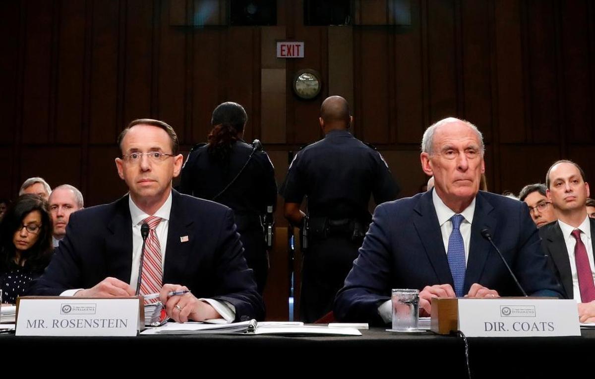 Deputy Attorney General Rod Rosenstein and National Intelligence Director Dan Coats at June 7, 2017 Senate Intelligence Committee hearing about the Foreign Intelligence Surveillance Act.