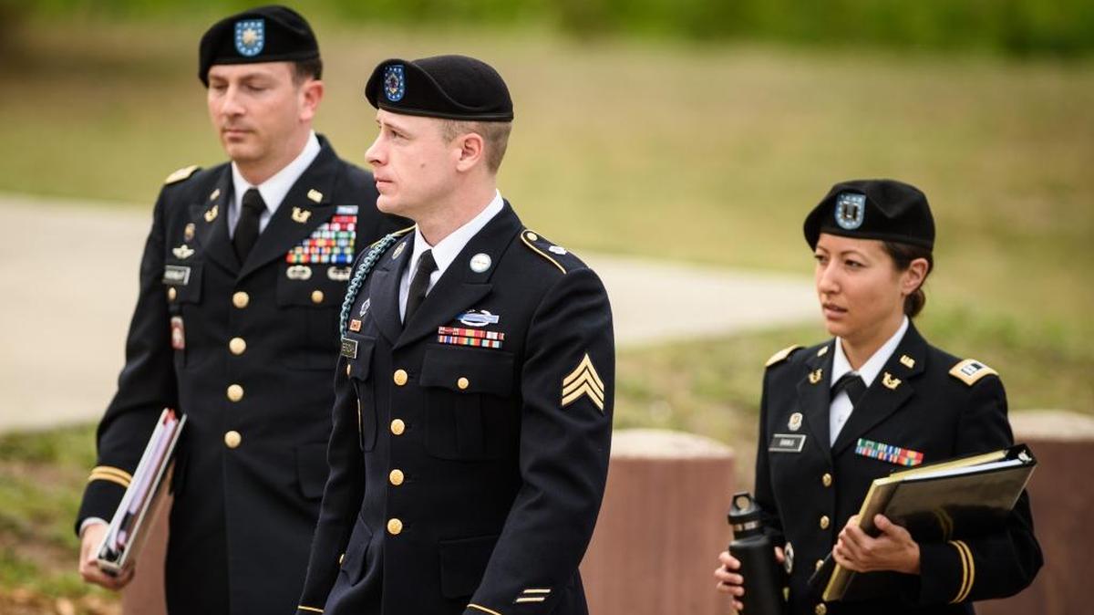 Army Sgt. Bowe Bergdahl, center, arrives at the Fort Bragg courtroom for an arraignment hearing on May 17, 2016, in Fort Bragg, N.C.