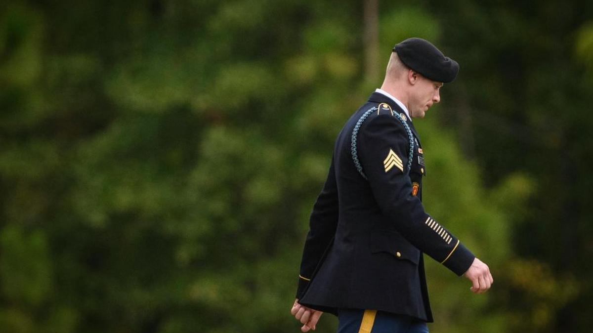 Sgt. Bowe Bergdahl leaves the Fort Bragg courthouse after a sentencing hearing on Monday, Oct. 23, 2017, on Fort Bragg, N.C. Sentencing for Bergdahl on charges of desertion and misbehavior before the enemy was set to begin Monday, but the judge instead heard arguments about a last-minute Trump-related motion. The sentencing case is scheduled to resume on Wednesday.