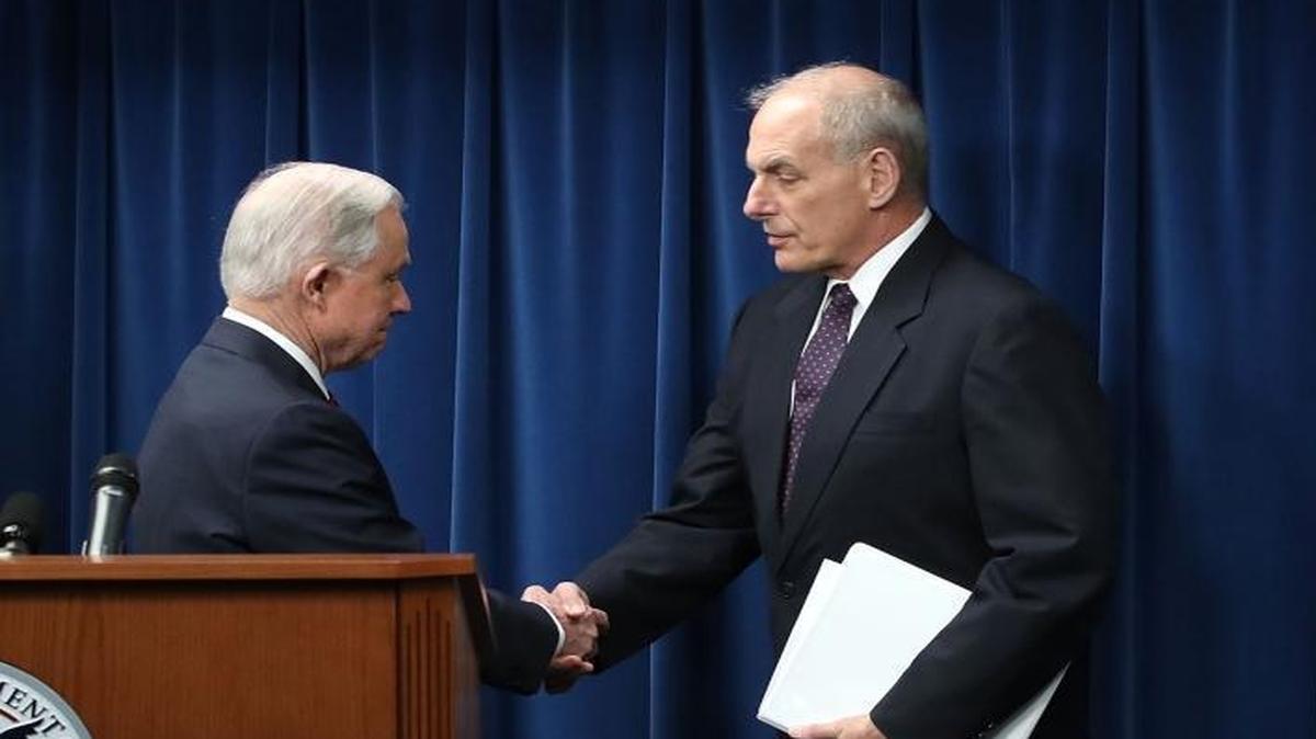 From left, Attorney General Jeff Sessions, Secretary of Homeland Security John Kelly and Secretary of State Rex Tillerson prepare to give remarks related to a reconstituted travel ban during a news conference at the U.S. Customs and Borders Protection headquarters, on March 6, 2017 in Washington, D.C.