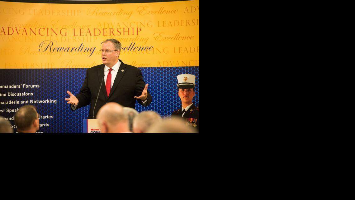 
Deputy Secretary of Defense Bob Work delivers the keynote address at the Marine Corps Association and Foundation combat development dinner at the Clubs at Quantico in Quantico, Va., Oct. 15, 2014. 
