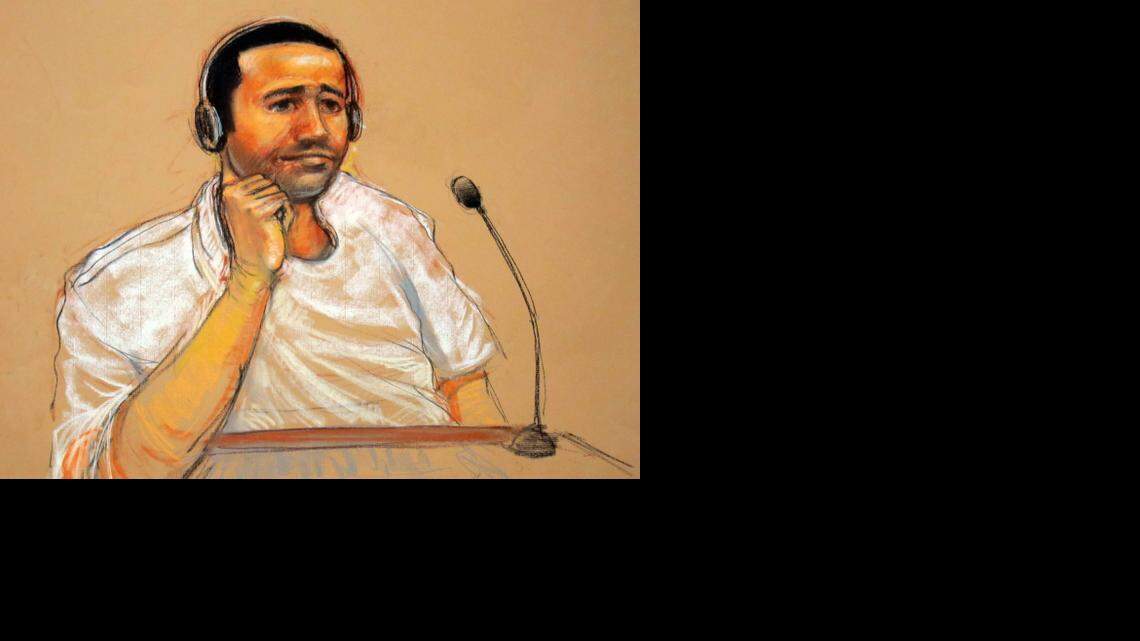 
This sketch by courtroom artist Janet Hamlin shows Saudi Abd al Rahim al Nashiri during his military commissions arraignment at the U.S. Navy base at Guantánamo Bay, Cuba, on Nov. 9, 2011. A war court security official approved its publication.
