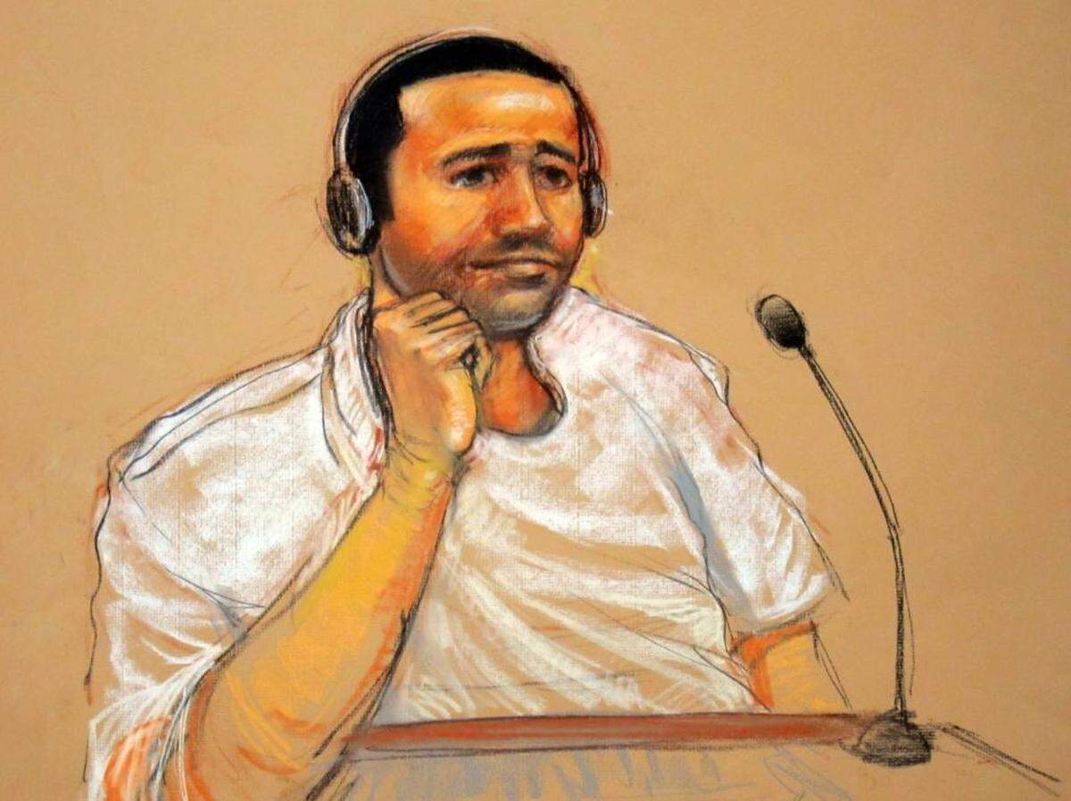 This artist rendering by courtroom artist Janet Hamlin, reviewed by the U.S. military, shows Abd al Rahim al Nashiri during his military commissions arraignment at the U.S. Navy base at Guantánamo Bay, Cuba on Nov. 9, 2011.