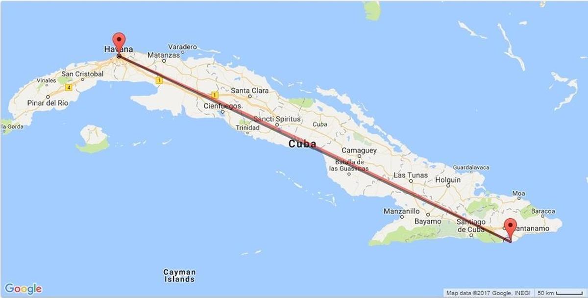 This Google map shows the 525 mile distance between Havana and the U.S. Navy base in Cuba.
