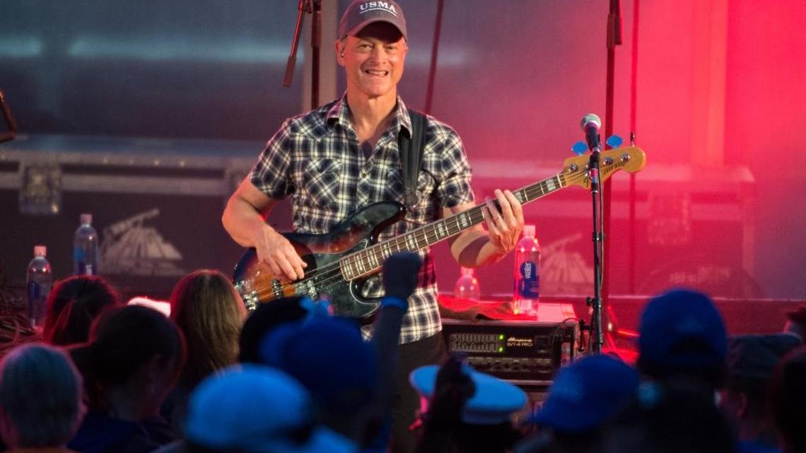 Gary Sinise plays bass guitar on June 21, 2016 for his Lt. Dan Band performing at the Department of Defense Warrior Games at West Point, the U.S. Military Academy in New York, in this Pentagon photo.