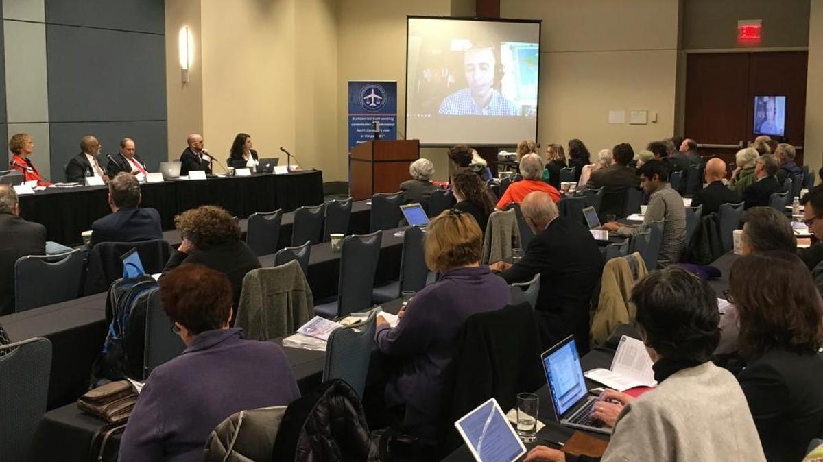 This Nov. 30, 2017 photo shows former Guantánamo Bay prisoner Mohamedou Ould Slahi speaking about his experiences under U.S. interrogation via video from his home in Mauritania to an anti-torture group in Raleigh, North Carolina.