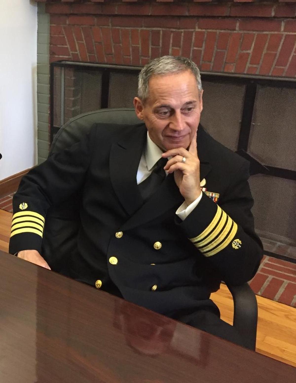 Lead defense counsel in the Qosi fact-finding question Navy Capt. Brent Filbert on Wednesday, July 12, 2017 in a conference room at the courthouse at Fort Belvoir, Virginia.