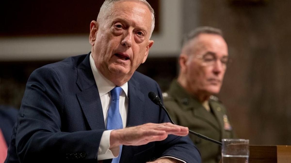 The John Doe petition names retired Marine Gen. Jim Mattis, left, “in his official capacity as Secretary of Defense.” He is seen here accompanied by Joint Chiefs Chairman Marine Gen. Joseph Dunford at the Senate Armed Services Committee on Capitol Hill in Washington, on October 3, 2017.